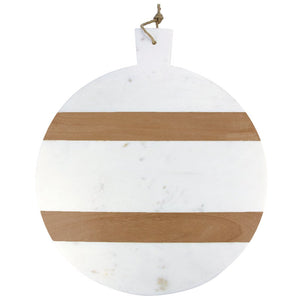 White Marble And Wood Stripe Round Board With Handle, XL